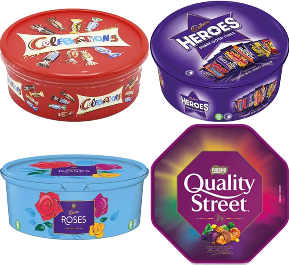 4 x Chocolate Tubs ASSORTED PACK 1 EACH Of Celebrations 550g, Heros 550g, Roses 550g, Quality Street 600g Perfect For Any Occasion 2024