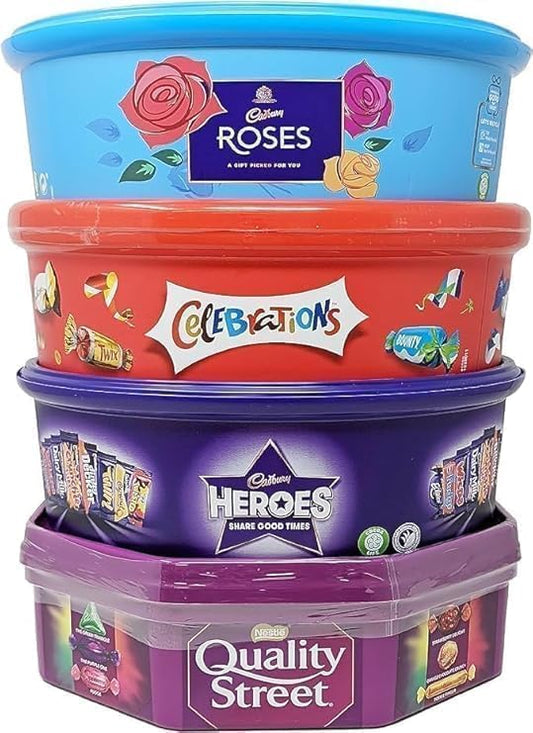 4 x Chocolate Tubs ASSORTED PACK 1 EACH Of Celebrations 550g, Heros 550g, Roses 550g, Quality Street 600g Perfect For Any Occasion 2024